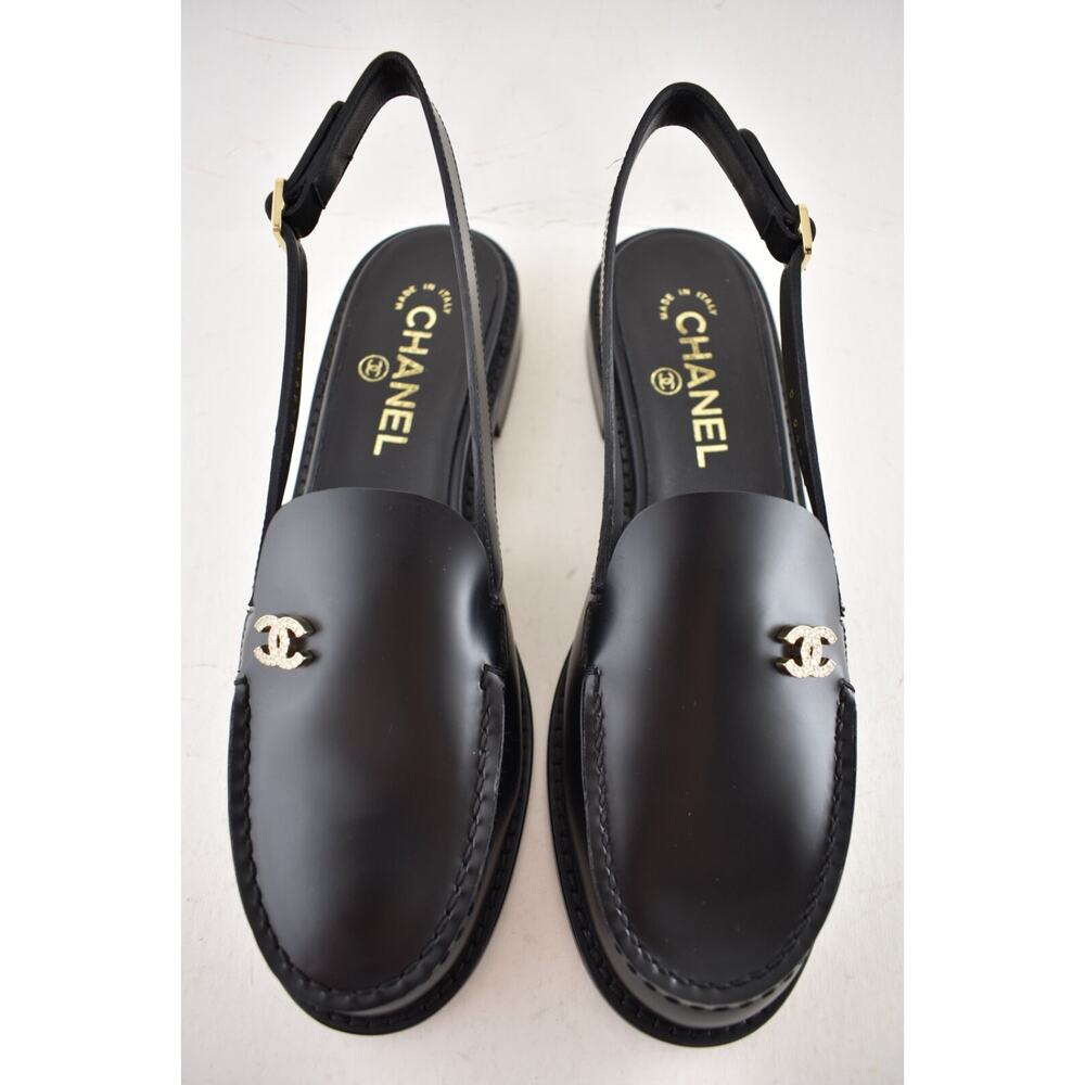 Chanel REV Black Leather CC Crystal Logo Coco Sling Slingback Ballet Flat 40 - Picture 13 of 16